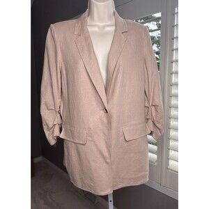 Anne Klein Blazer Ruched Sleeves Linen Blend Sz Small Tan Brown